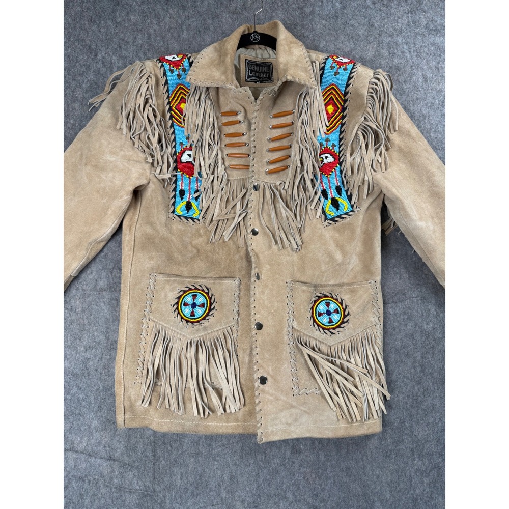 Genuine Leather Fringe Jacket Women M Tan Suede Beaded Western Boho Festival